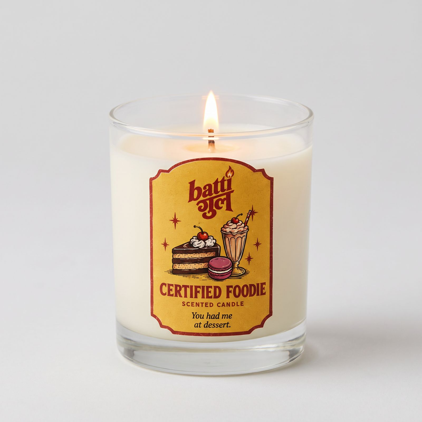 Certified Foodie scented candle with its illustrated Batti Gul label