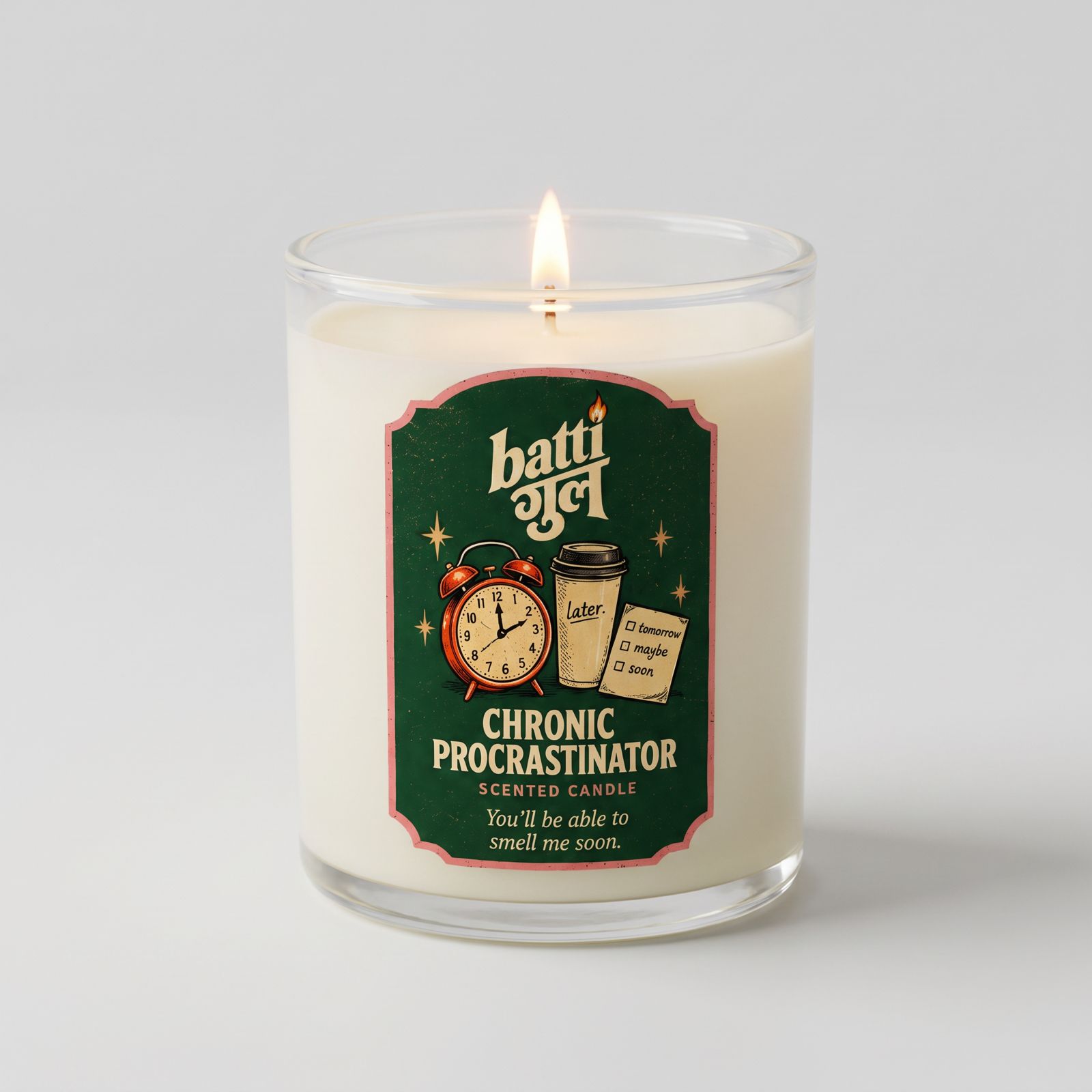 Chronic Procrastinator scented candle with its illustrated Batti Gul label