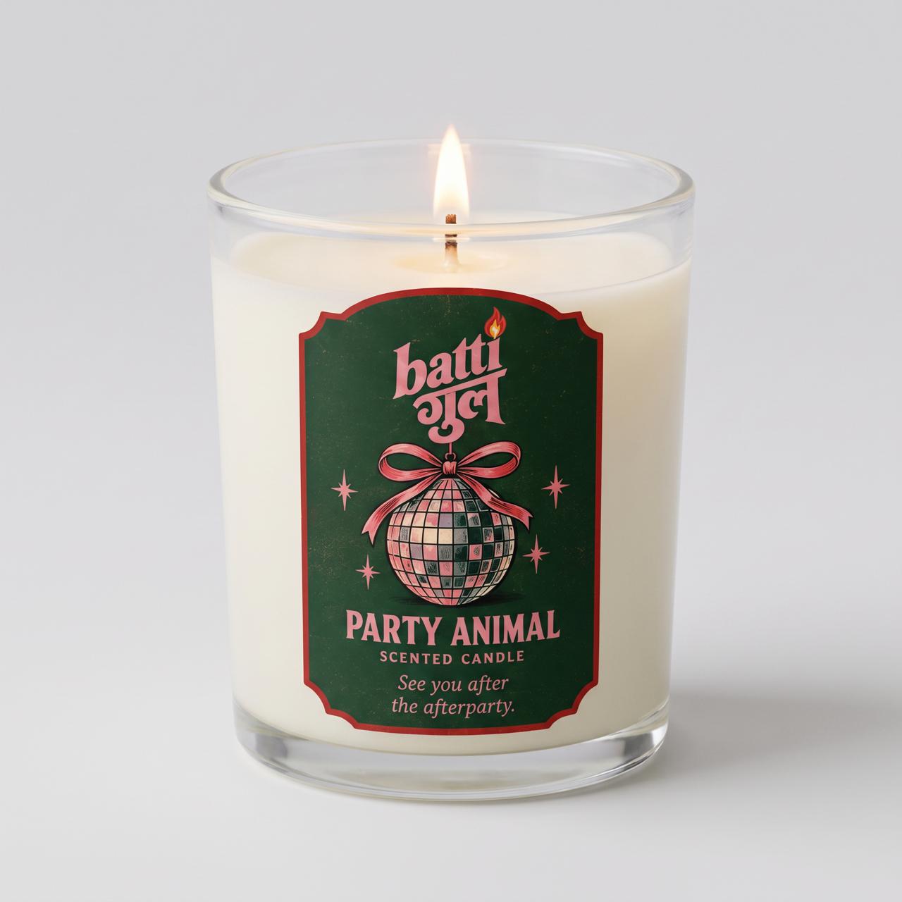 Party Animal scented candle with its illustrated Batti Gul label