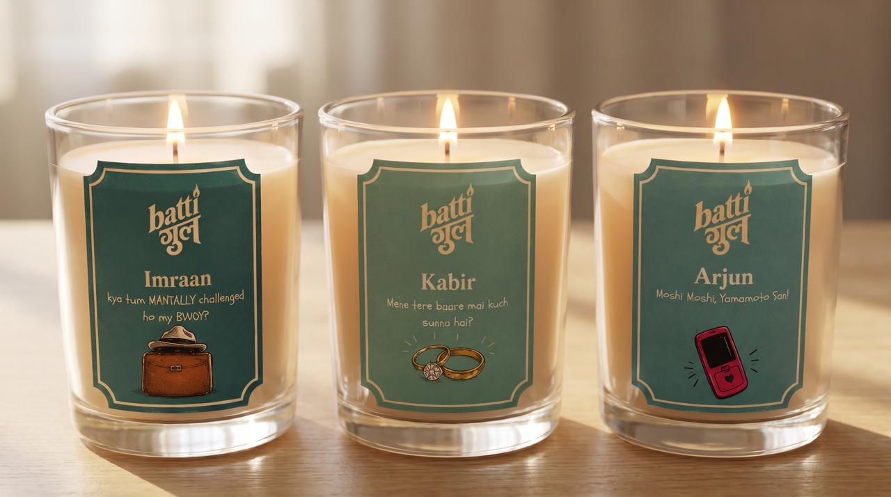 Three personalised Batti Gul candles with custom names and illustrated labels
